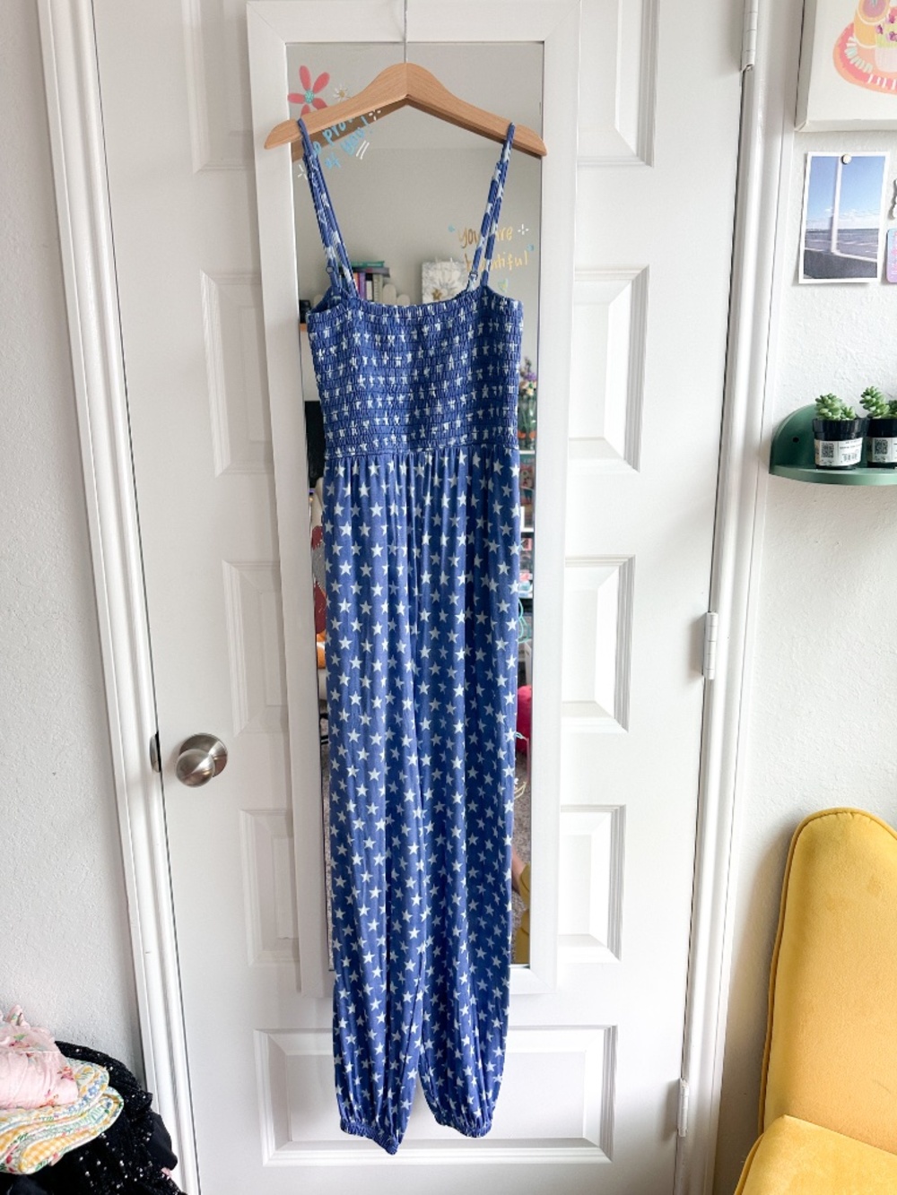 Posh Peanut "Mama" Blue & White Star Smocked Jumpsuit XS